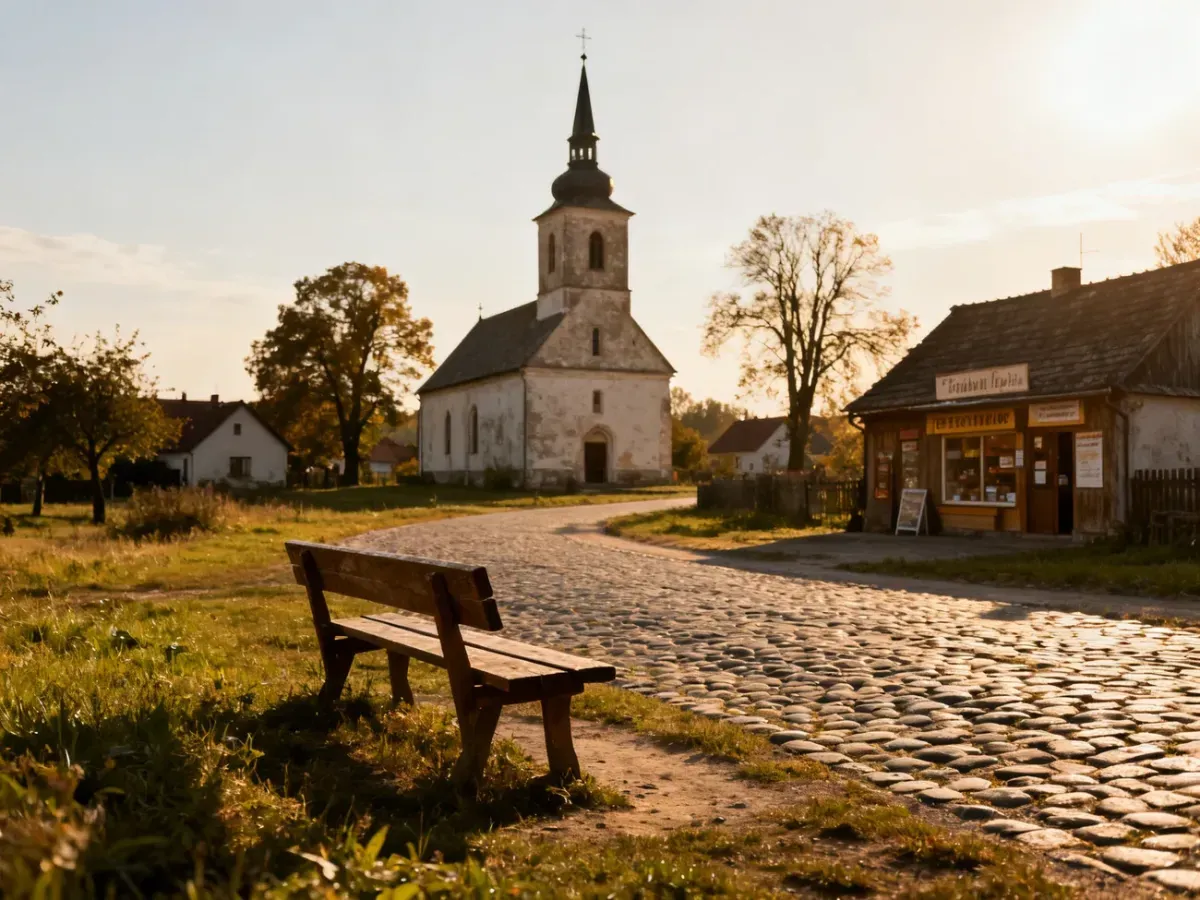 Sielski rynek w polskiej wsi z kościołem i sklepem, przypominający plenery serialu „Ranczo”