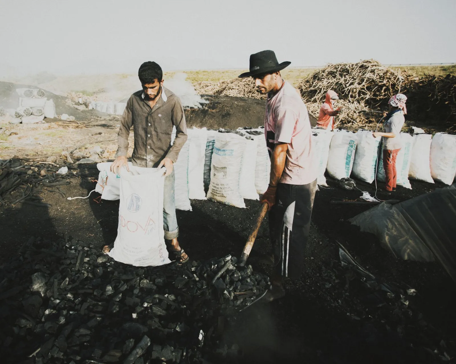 Men and women packing charcoal into bags at an outdoor site, showcasing manual labor and industry.