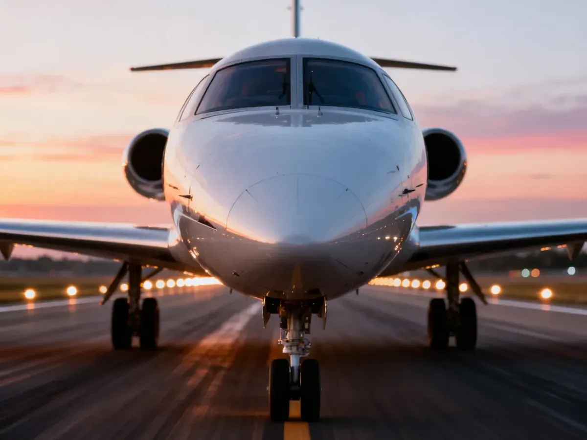 Smukły dziób nowoczesnego odrzutowca o aerodynamicznym kształcie na pasie startowym o świcie, sugerujący ogromną prędkość.