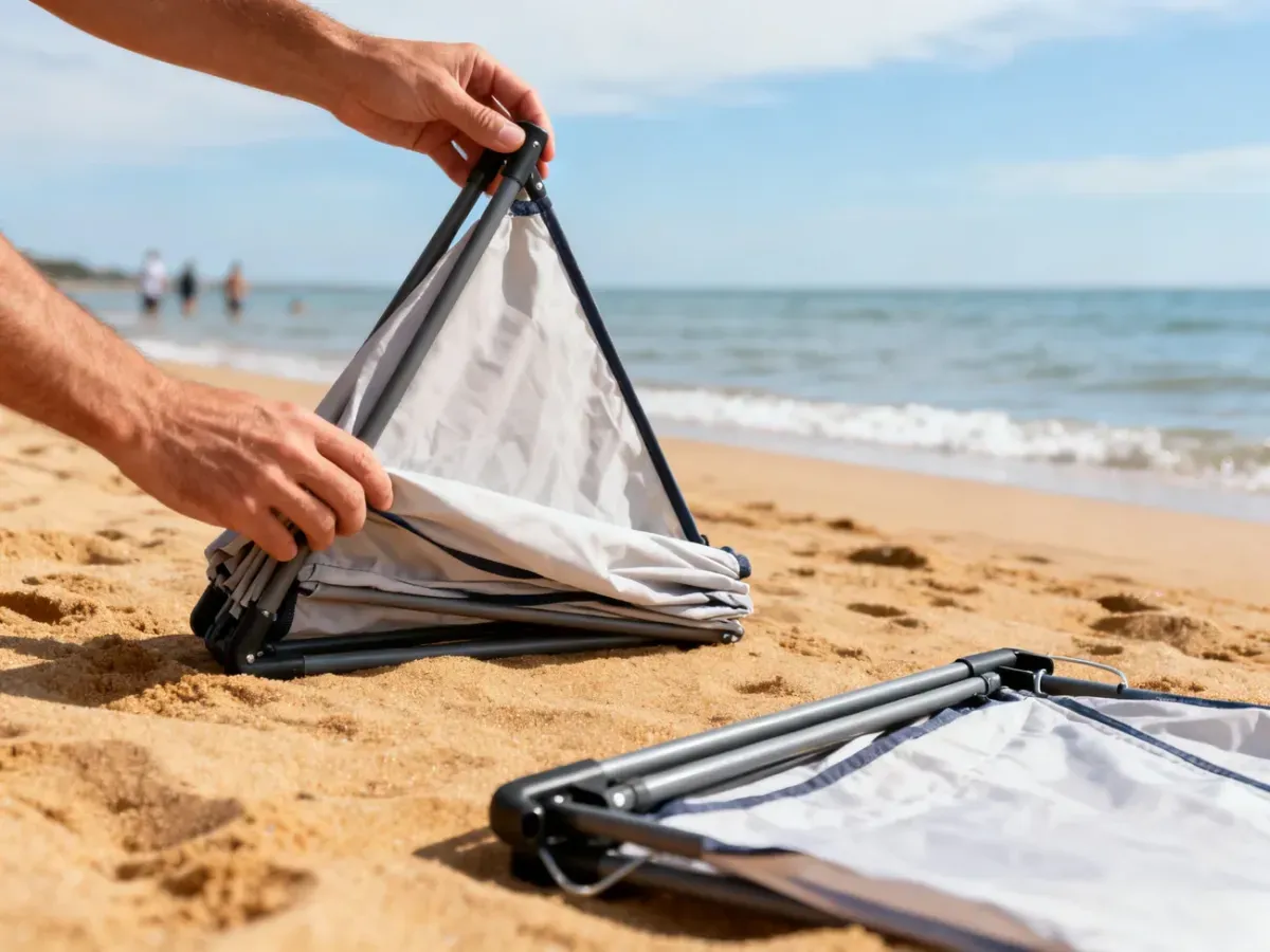 Dłonie składają prosty namiot plażowy na piasku przy spokojnym morzu, pokazując etap składania krok po kroku.